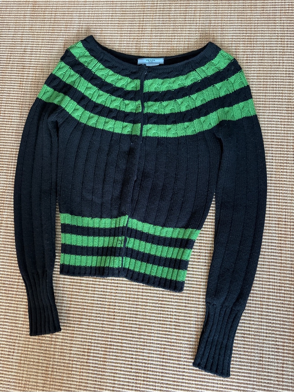 Vintage Prada Cashmere Wool Bateau Boatneck Striped Knit Cardigan Sweater Black - Picture 2 of 5
